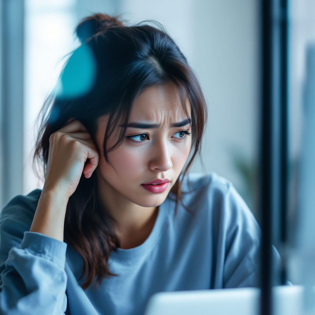 Reflective woman beside a window